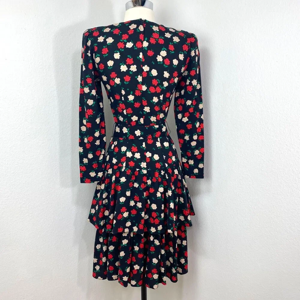 Vtg 80 Drop Waist Layered Skirt Floral Rayon Dress Small Long Sleeve Belt Modest